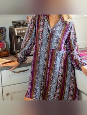Natural Life Shirt Dress Mixed Boho Print Striped Button Front Long Sleeve XS